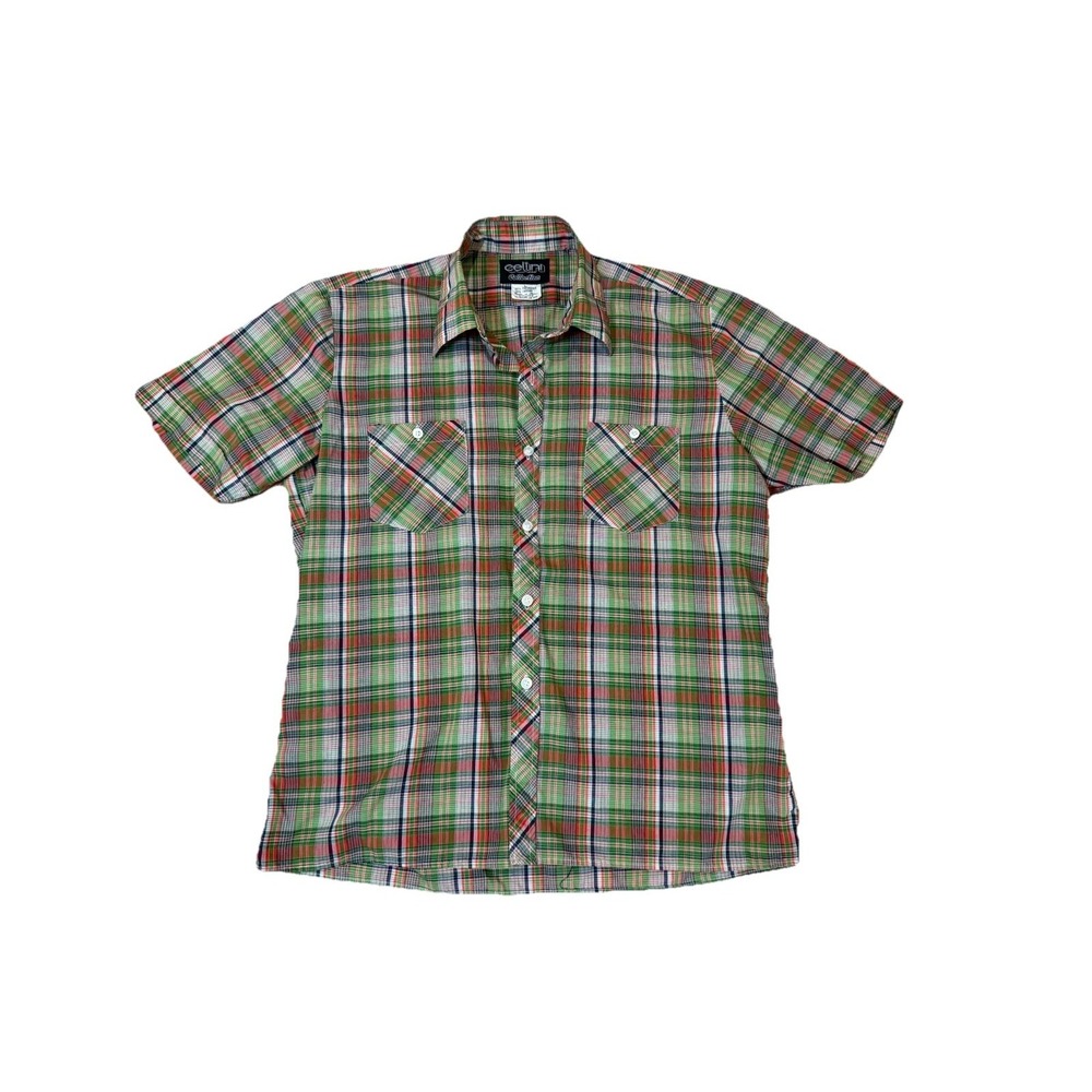 VTG Cellini Men's Plaid Cotton Poly short sleeve Button Up Shirt‎ LG Red Green